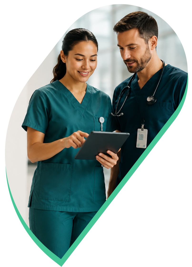 Healthcare professionals collaborating with a tablet in a clinical setting