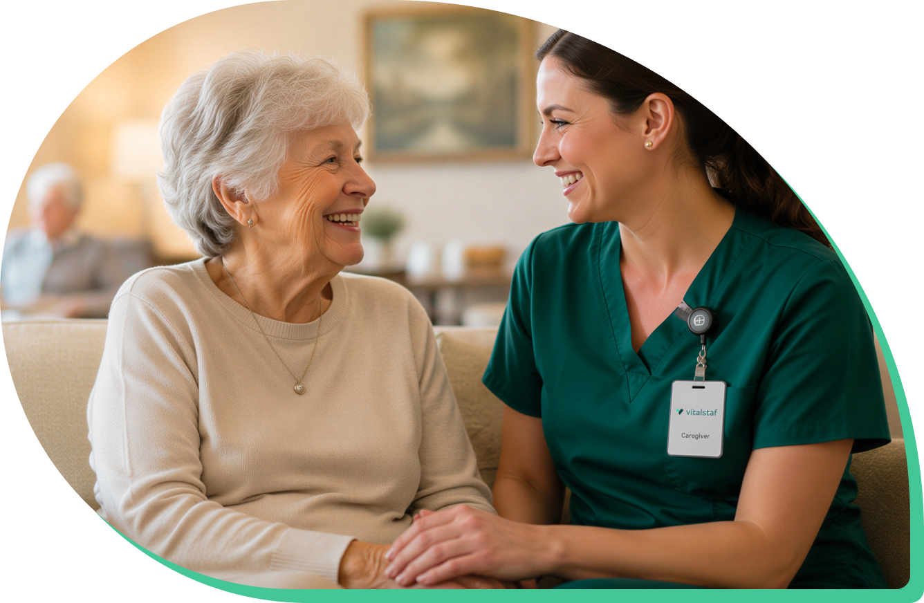 Caregiver smiling with an elderly resident in an assisted living program
