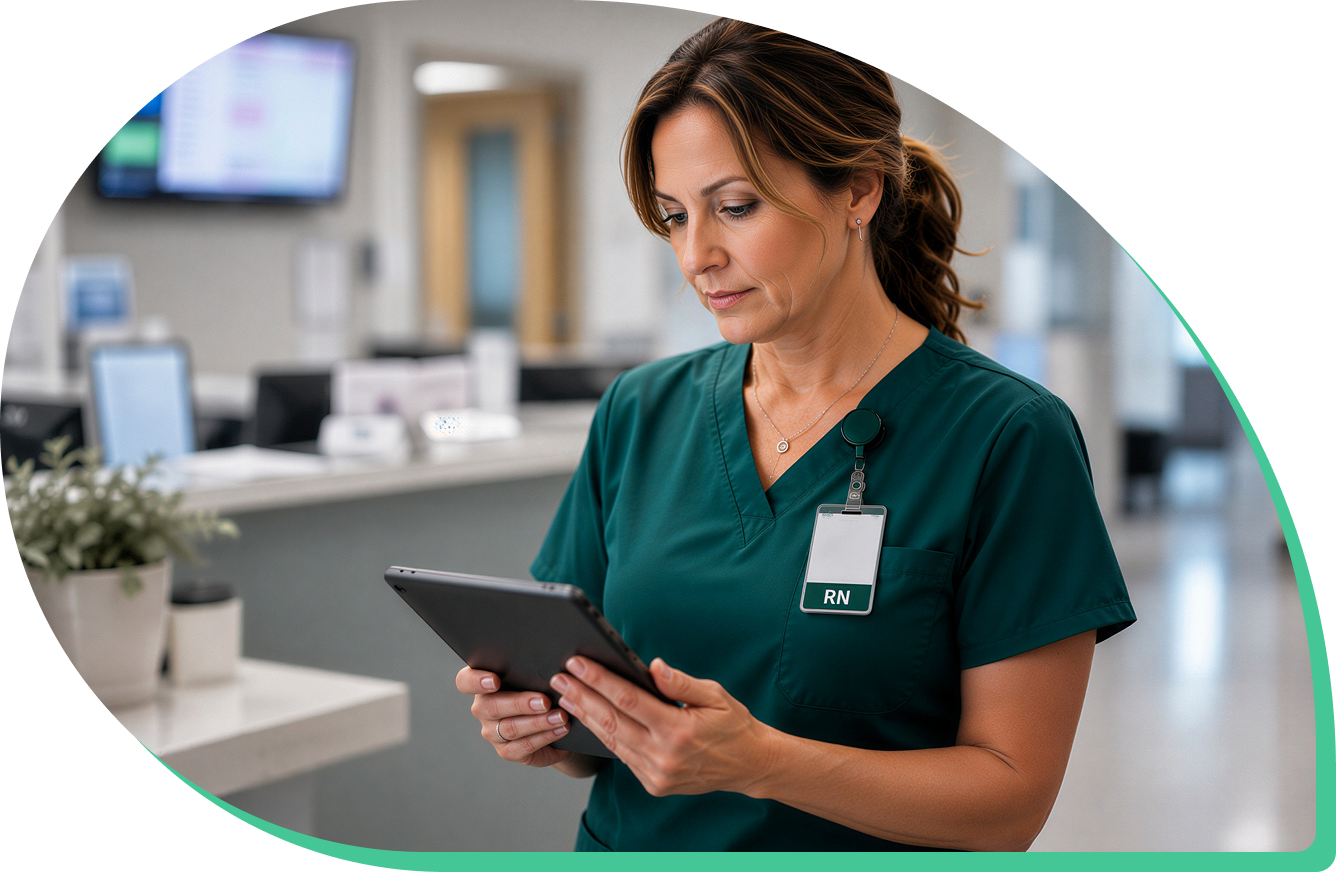 Registered nurse reviewing assignments on a tablet in a hospital setting